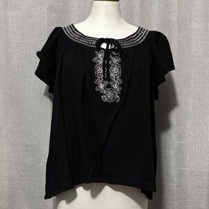 Notations brand Cotton Poly blend Shirt-Sz XL-Ruffled Sleeve-Tie Neck-Black-EUC